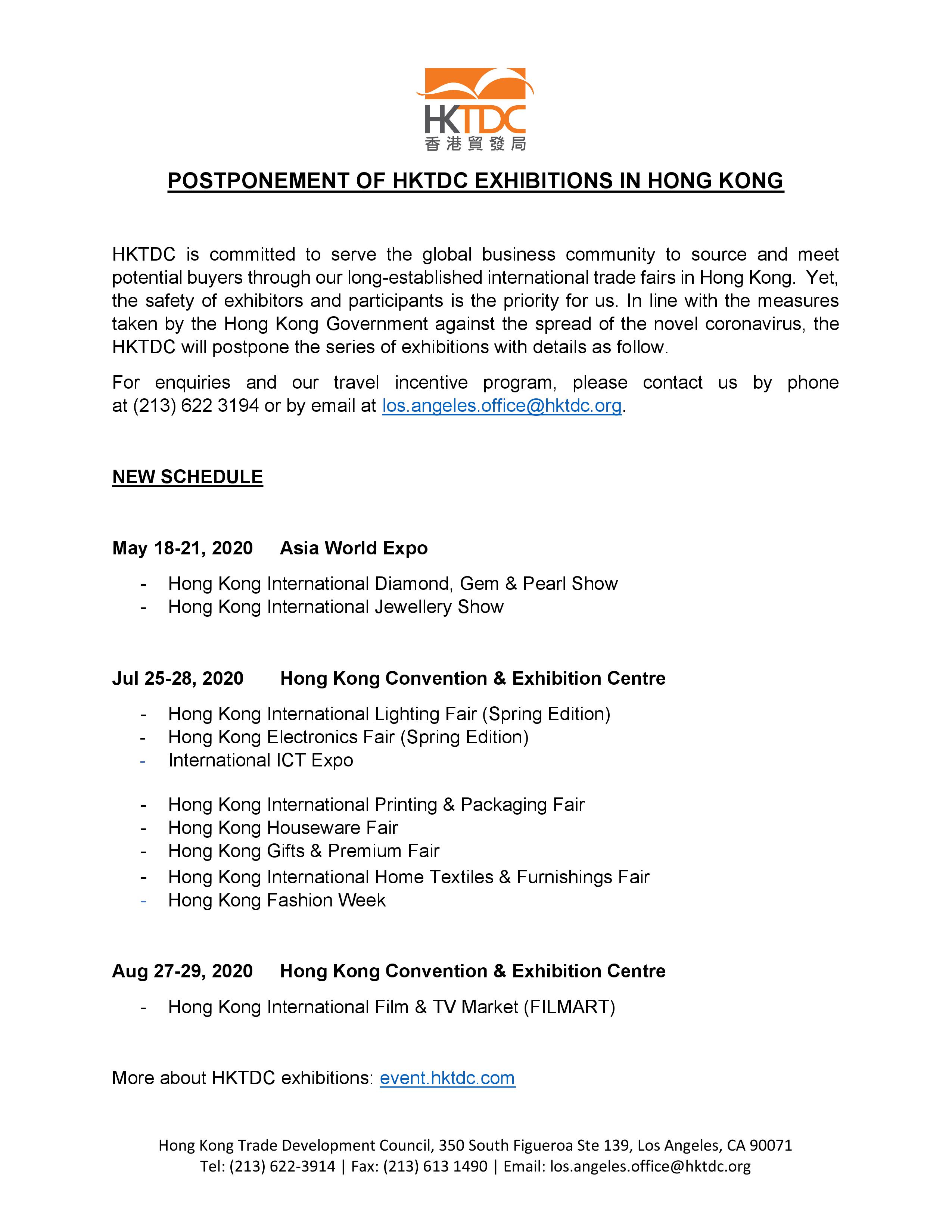 Postponement of HKTDC Exhibitions in Hong Kong